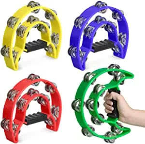 4 Pack 9" Double Row Tambourine Metal Jingles Hand Held Percussion Drum, Dveda Multicolor Half Moon Handheld Tambourine, Hand Held Percussion Instrument For Kids, Adults, Party, Bar, KTV