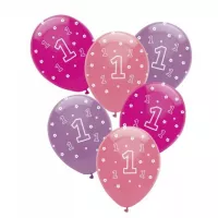 6 Luftballons Erster Geburtstag Rosa Violett und Pink - Kids Party World