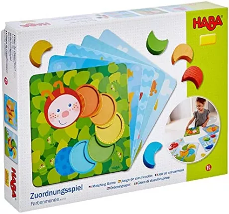 HABA 303710 - Assignment Game Colour Moons | Colour Play with 5 Motif Cards and 15 Wooden Building Blocks in Different Colours | Toy Made of Wood and Cardboard from 18 Months: Amazon.de: Toys