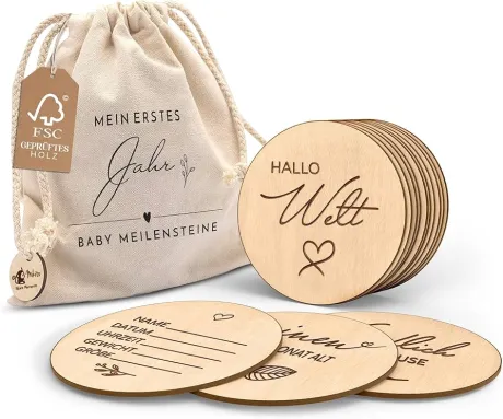 Holz Meilensteinkarten Baby auf deutsch - 30 Meilensteine auf edlen Holzscheiben als Geschenk zur Geburt/zur Babyparty für Schwangere, werdende Mütter, werdende Eltern. : Amazon.de: Baby