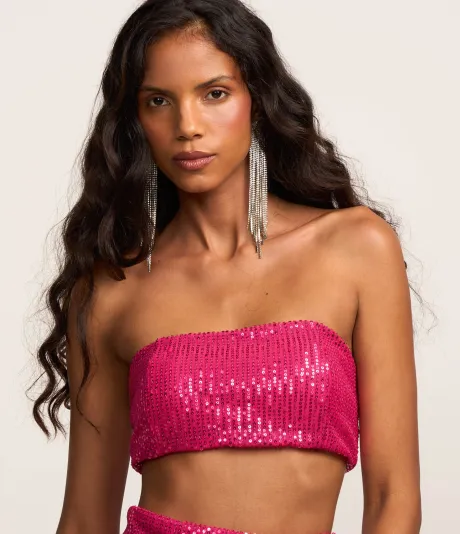 Blusa Cropped em Paetê Metalizado Rosa