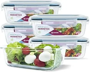 Kit 5 Potes de Vidro Retangular com Tampa Hermética 640ml