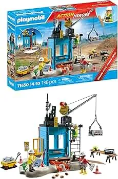 PLAYMOBIL Action Heroes Promo Pack 71650 byggeplads, med tre figurer, bevægelig kran og mange andre ekstraudstyr, detaljeret legetøj til børn fra 4 år: Amazon.de: Legetøj